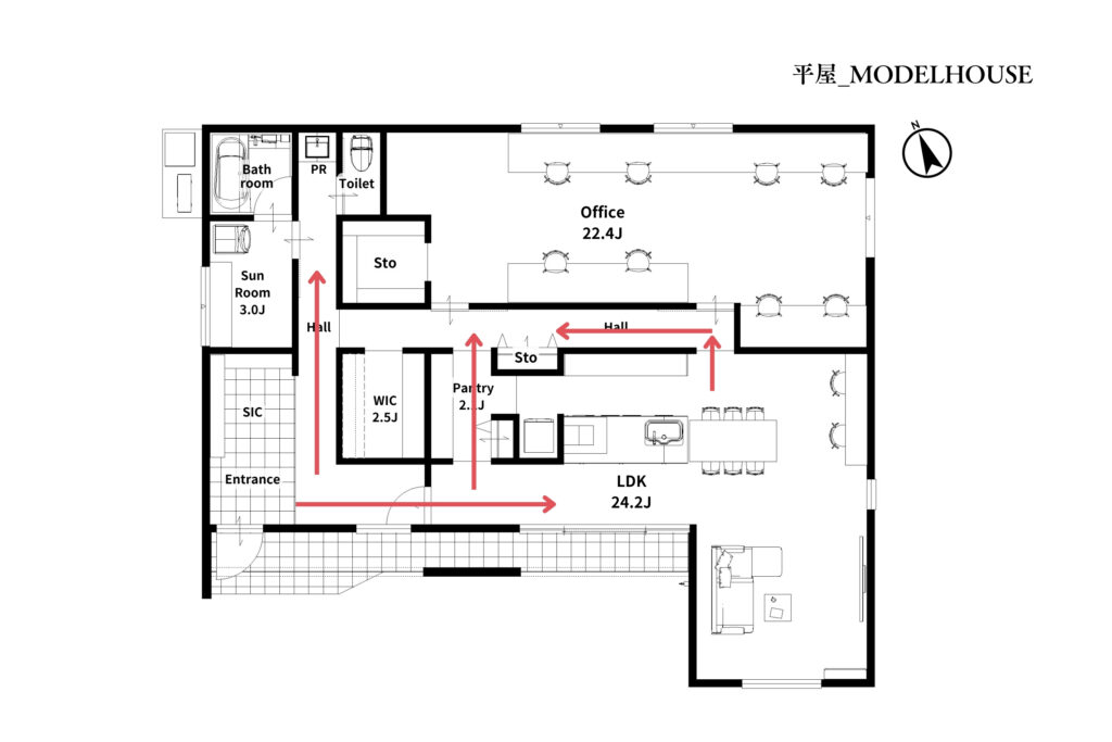 平屋モデルの間取り図です。回遊性のある人気の間取りです。