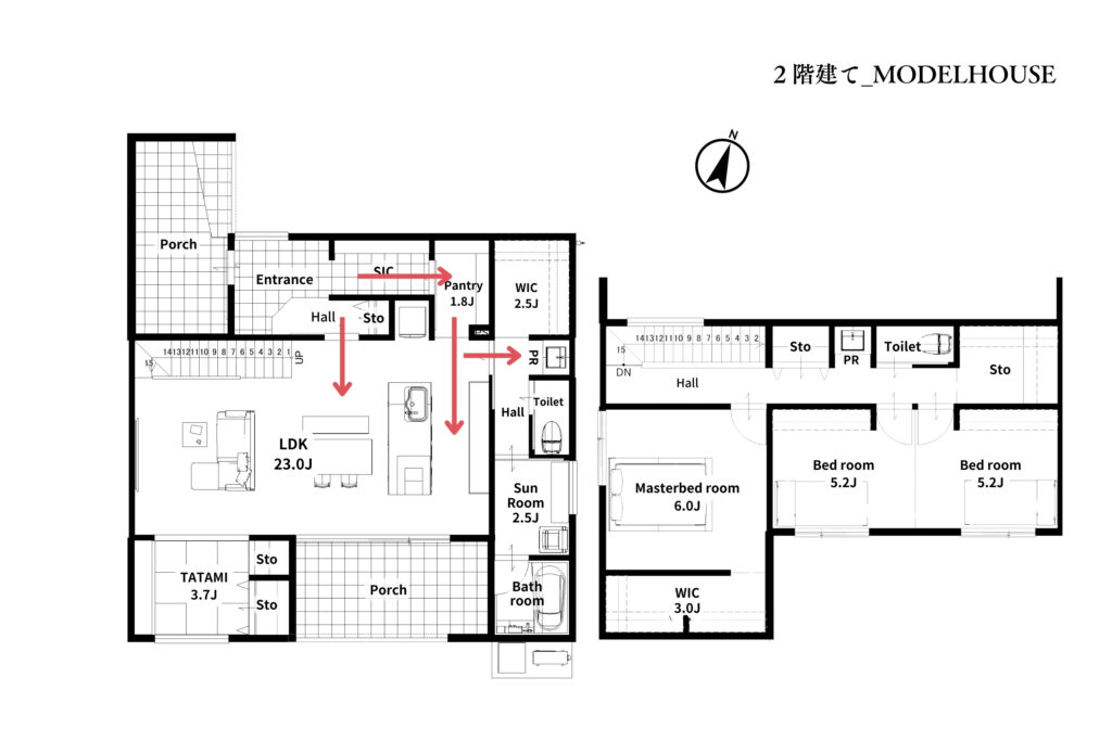 ２階建てモデルの間取り図です。家事のしやすさを考え、水まわりを集約した間取りです。