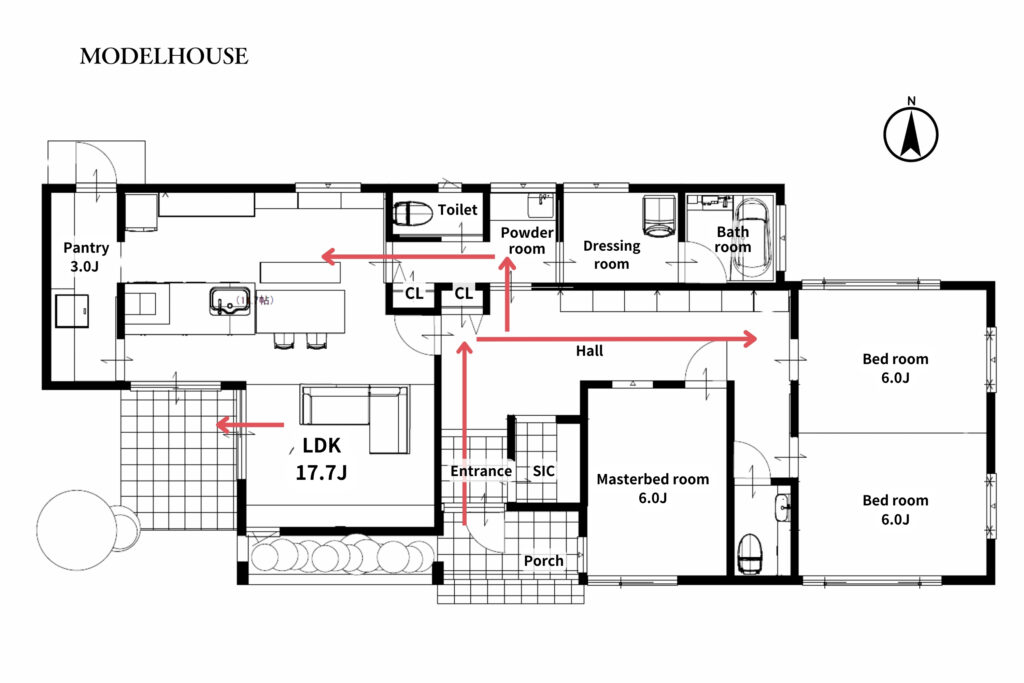 好評いただいている平屋モデルの回誘動線。リビングから出られるプライベートデッキも魅力です！