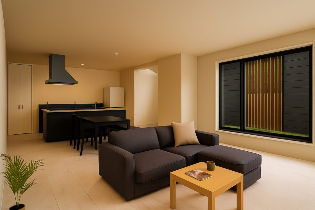 大きな窓で開放的な土間続きの平屋リビング。お手入れのしやすい床材など猫と暮らす工夫がたくさん盛り込まれています。