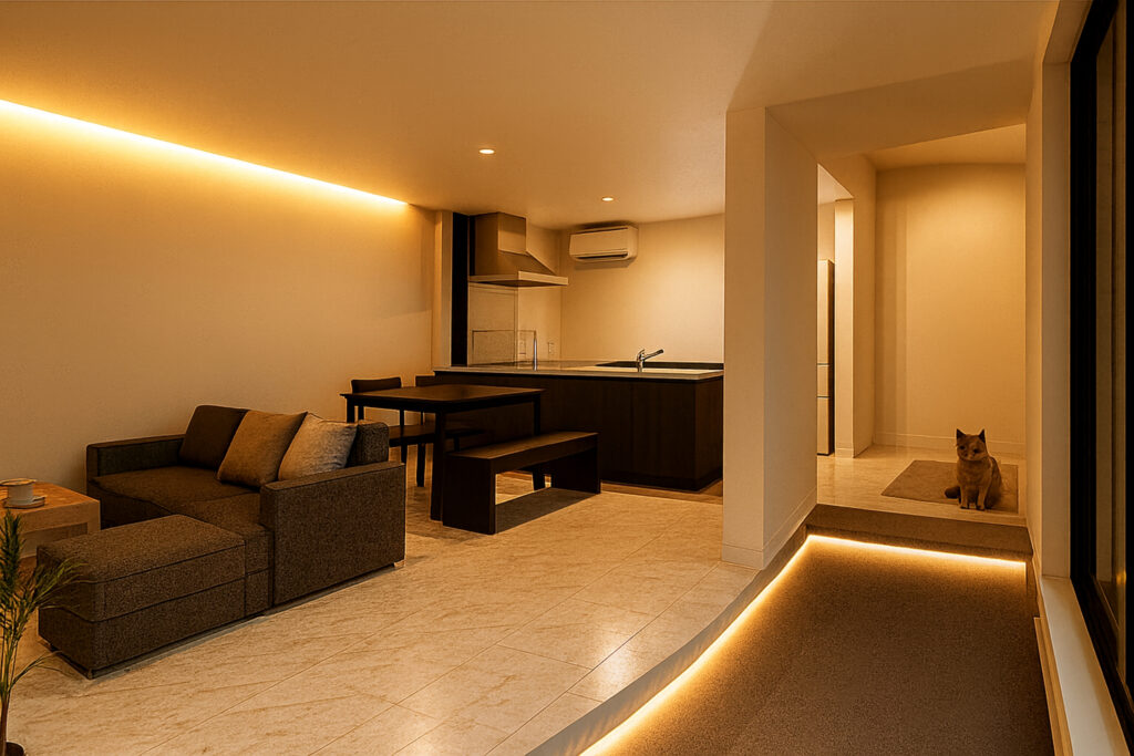 土間から直接リビングにつながる間取りです。かまちの下に間接照明もあります。奥は猫ちゃんスペースです。