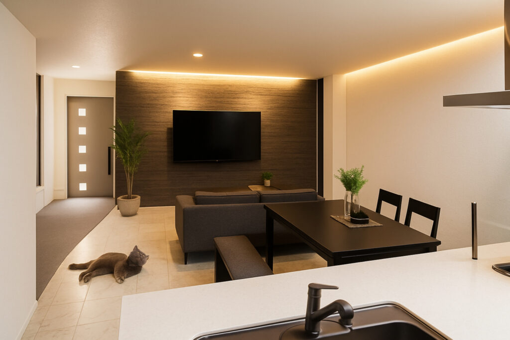 L字に間接照明を仕込んだリビング。タイルの床と相まって高級感を醸しています。