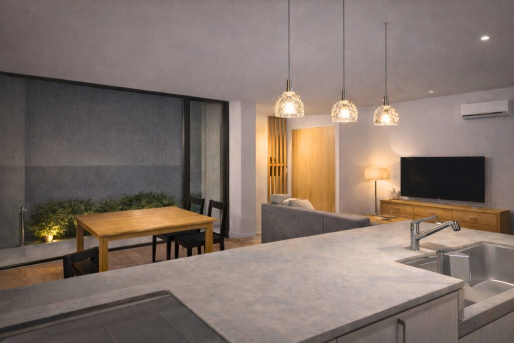 中庭を望むキッチンからの眺め